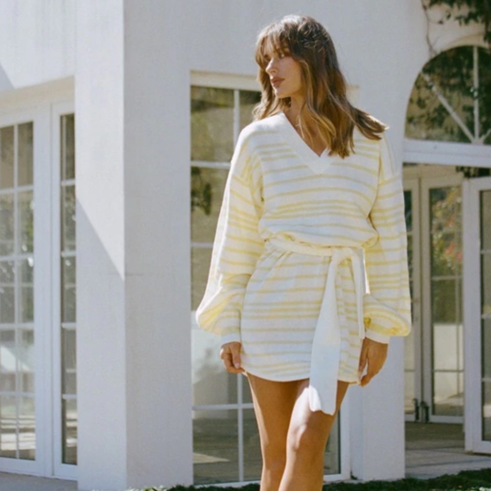 Sabo Skirt Zamana Knit Dress Yellow White Striped Sz XS NWT Balloon Sleeve Fall